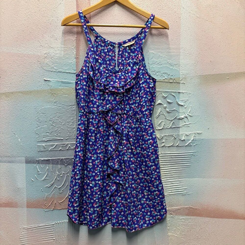 Rebecca Taylor 8 Blue Pink Floral Silk Spaghetti Strap Dress Preppy Luxury Artsy